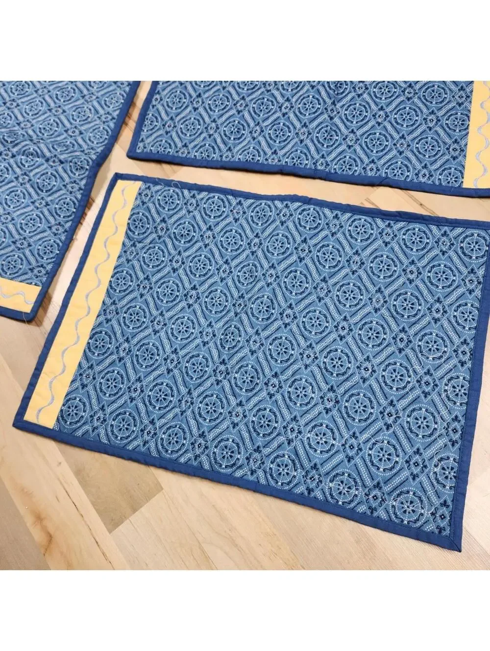 Quilted Placemats Set of 4 Embroidered Butterfly Floral Blue Yellow Handmade